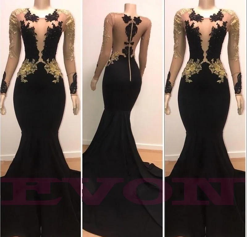 Vestidos de gala Long Sleeve Black Mermaid Prom Dresses 2019 Sexy See Through Back Evening Dress festa Custom Made | Свадьбы и