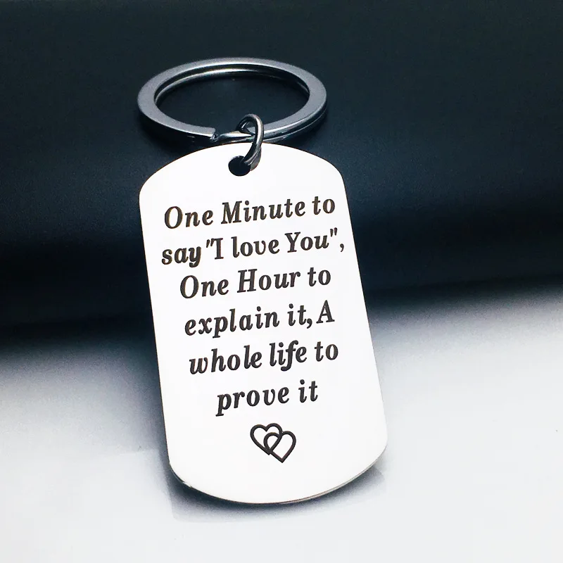 Fashion Jewelry Custom Stainless Steel Dog Tag Couple Keychain Engraved One Minute to Say I Love You keyring For Valentine Gift | Украшения