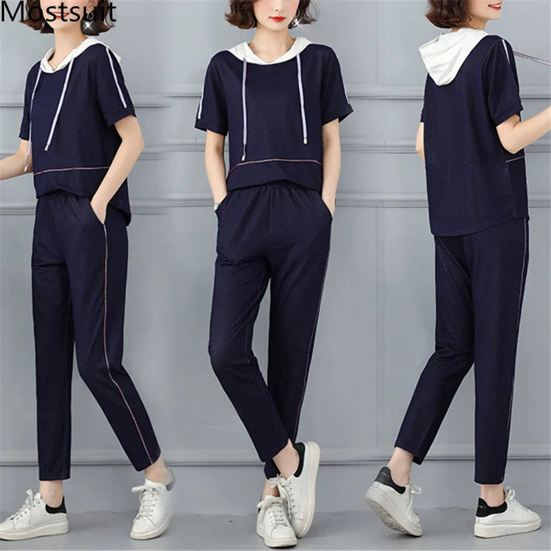 

L-4xl Summer Blue Hooded Two Piece Sets Outfits Women Short Sleeve Tops And Pants Suits Tracksuits Casual Korean Elegant Sets