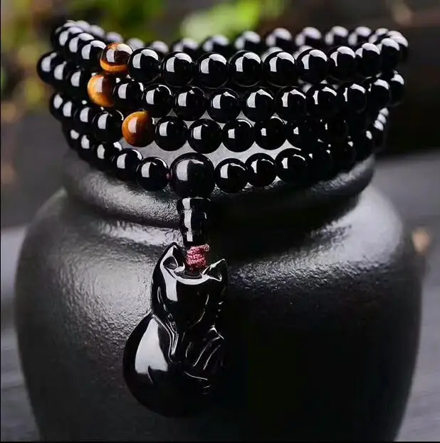 ZCD 1213+++Genuine Obsidian 108 beads bracelet and a fox | Украшения и аксессуары