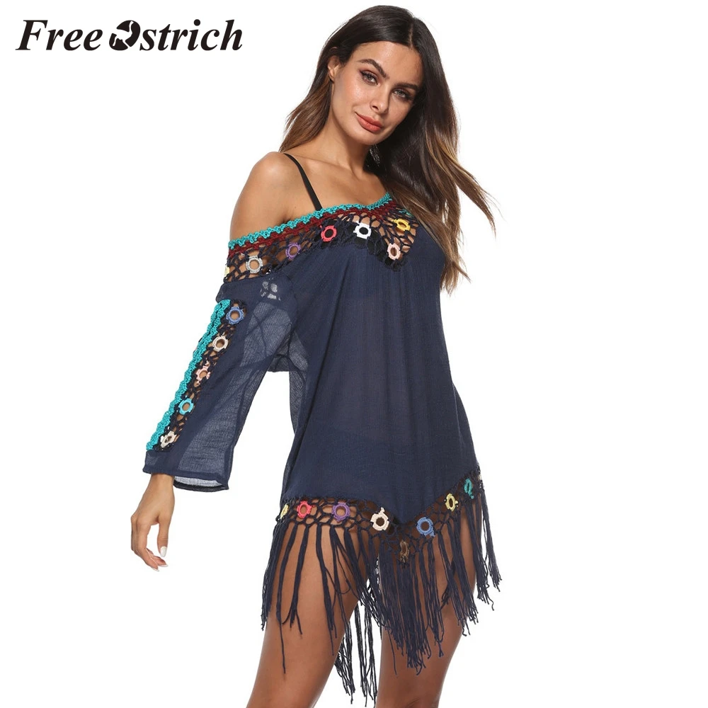 

Free Ostrich 2019 Women Bikini Cover Up Chiffon Manual Crochet Knit Hollow-out Beach Sunscreen Dress Beach Style Tassel Dress