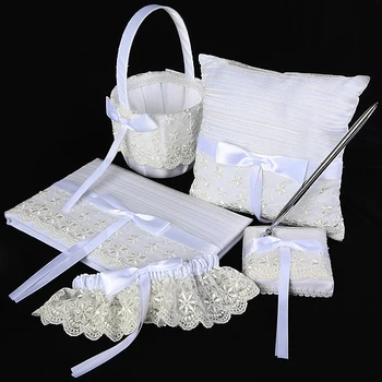 

White Wedding Collection Set in Satin Lace (Set of 5 ) Wedding Guestbook Ring Pillow Pen Set Garter and Flower Basket