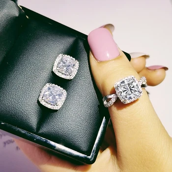 

925 Sterling Silver Jewelry set halo Engagement ring round stud earring for Wedding Valentine's Day gift Christmas J4933