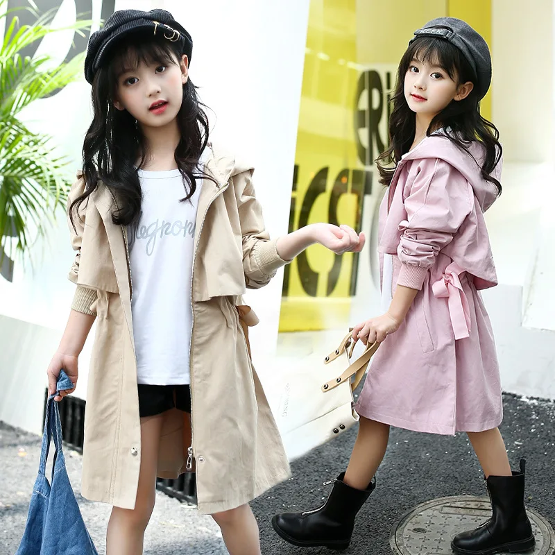 

Spring Autumn Teens girls Trench Coat Apricot Pink Windbreaker Teen Girl Front Zipper Coats Teenagers Outfits Outerwear