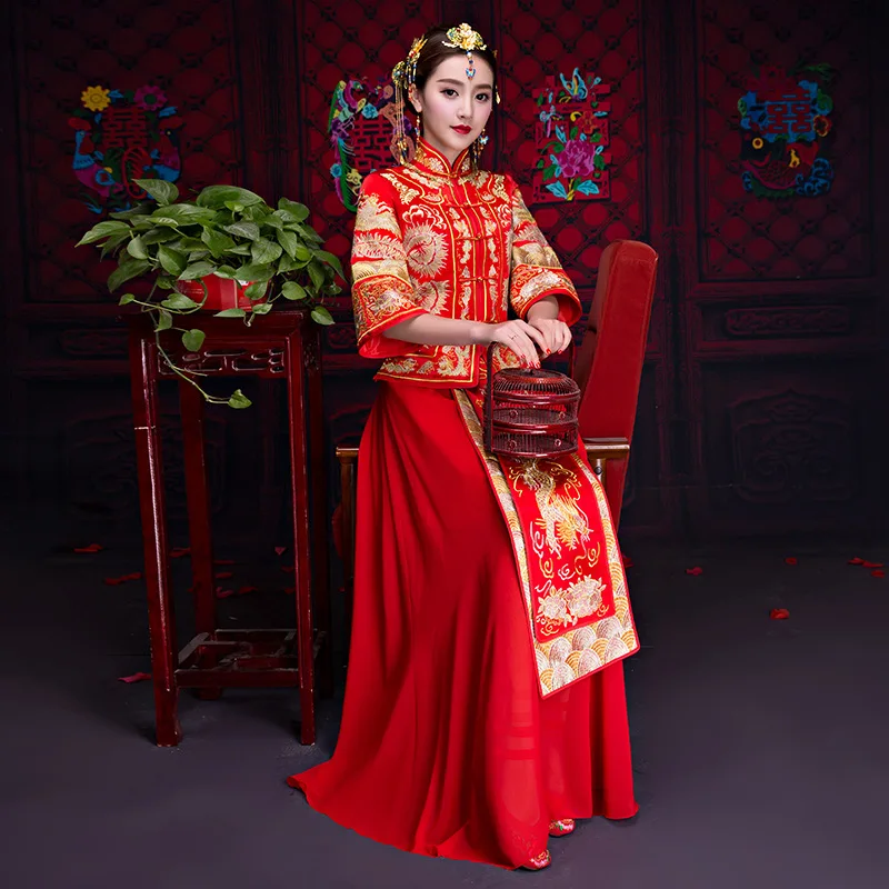 Традиционный китайский Свадебное платье Qipao Vestido Oriental Стиль платья современный Cheongsam красный Вышивка