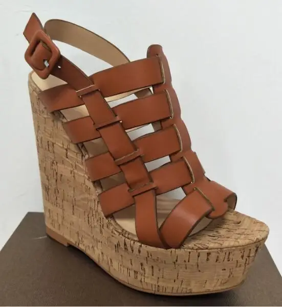 

real photo hollow strap super high wedge heel platform peep toe sandal black brown leather high platform wedge sandal woman