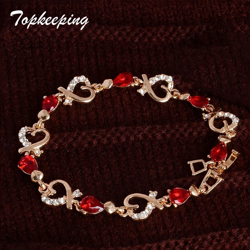 

Topkeeping Brand Women Fashion Jewelry Water Drop Resin Hollow Design Heart Shape Zircon Bracelet Girls Chic Chain Bracelets