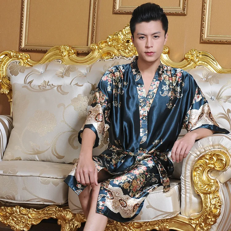 Men Kimono Bathrobe Chinese Style Robe Gown Print Flower Sleepwear