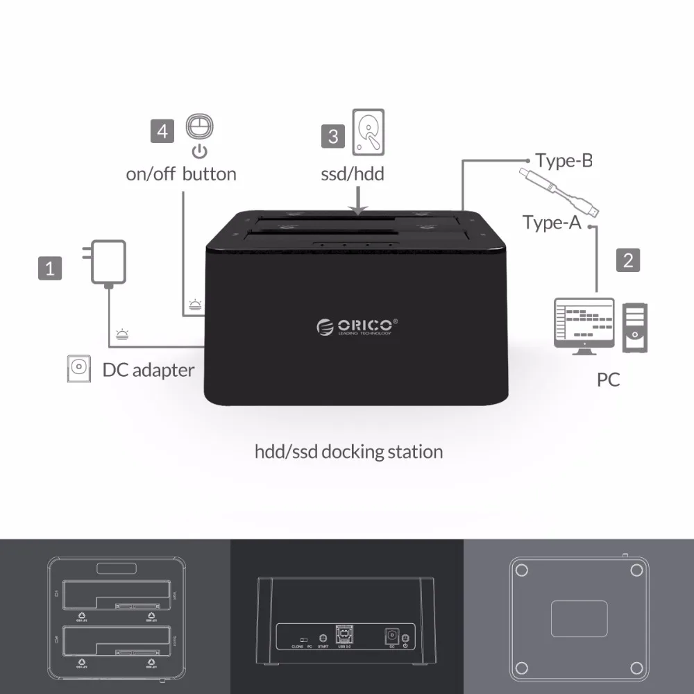 HDD Docking Station 2 Bay SATA to USB3.0 External with Clone Function 12V Power Adapter For 2.5"/3.5" HDD
