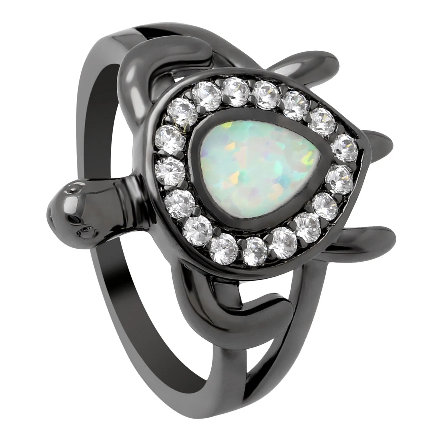 Cute Turtle White Drop Shape Fire Opal Clear Cz Animal Rings For Women Wedding Band Black Jewelry Filled Unique Cocktail Ring