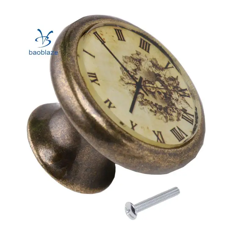 2 Pieces Vintage Brass Cabinet Drawer Round Pulls Wardrobe Cabinet Door Cupboard Knob Handle Clock Plate Pattern #1