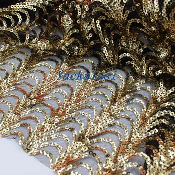 

Sequined Lace fabric 1 Meter Allover Embroidered on Black Tulle lace gold and laser silver 135cm