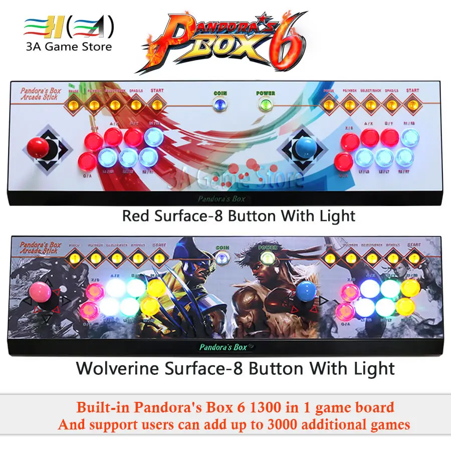 Pandora Box 6 1300 in 1 8 button Family 2 players joystick arcade console support add FBA MAME PS1 game can add up to 3000 games