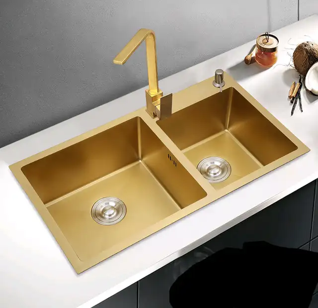 Us 598 45 304 Stainless Steel Gold Kitchen Sink Double Bowl New Accessories Washing Equiped With A Retractable Drain Basket In
