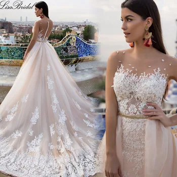 

Robe de mariage New Amazing Long Wedding Dress 2017 O-Neck Cap Sleeve Chapel Train A-Line Lace Bridal Gowns With Removable Train
