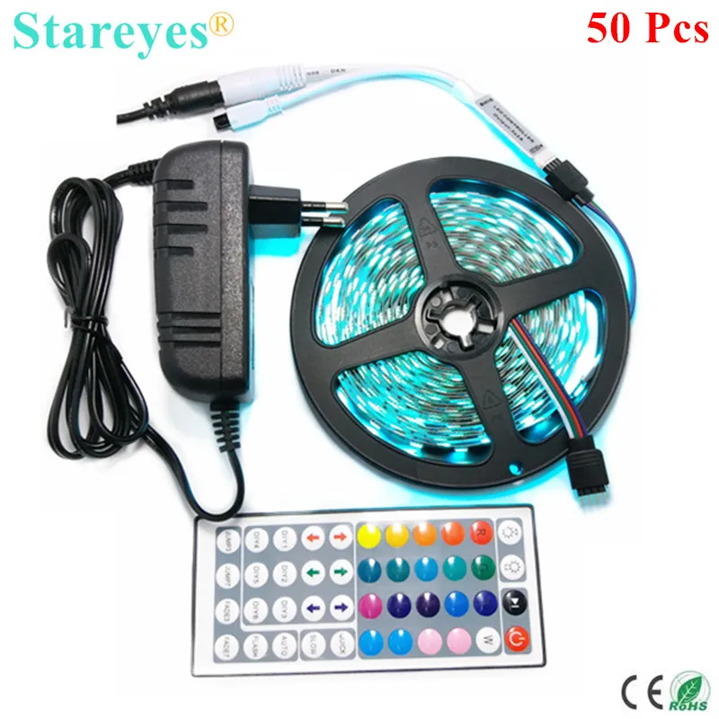 

50 Sets SMD 5050 60 LED / M 5M RGB LED Strip Ribbons tape single color IP20 Non waterproof strip+Remote/Switch+3A Power Adapter