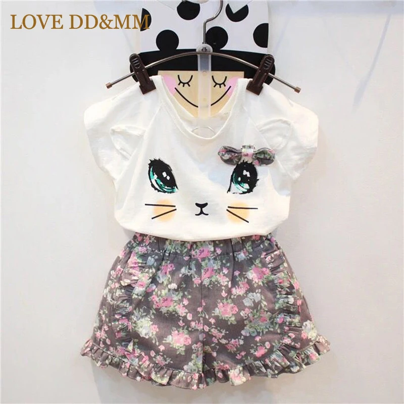 Комплекты для девочек с надписью LOVE DD& MM, Новая летняя детская одежда, однотонные футболки с короткими рукавами и кружевом для девочек+ шорты, костюмы - Цвет: Коричневый