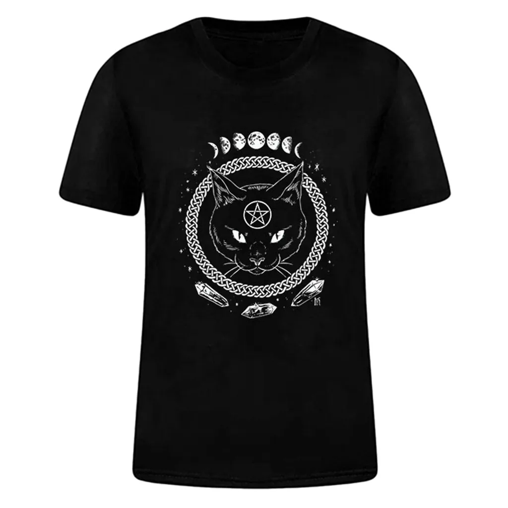 

harajuku camiseta mujer Women Girl Funny Short Sleeve Moon Cat Print Punk Gothic Top T Shirt streetwear trendyol #C