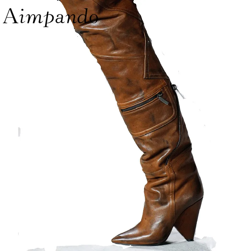 

2019 Runway Over The Knee Boots Woman Pointed Toe Zipper Decor Strange High Heel Boots Women Fashion Thigh Boots