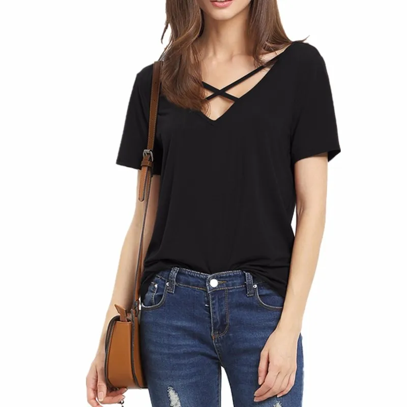 

Women T Shirt 2017 Summer Fashion Bandage Sexy V Neck Criss Cross Top Casual Lady Female T-shirt lager size Lady Tees T Shirt