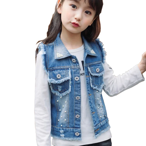 Bebê sem Mangas Colete com Bolsos Colete para Roupas da Criança Primavera Outono Moda Denim Turn-down Collar Menina Pérolas Legal Bc212