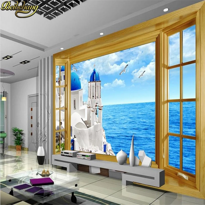 

beibehang beautiful wallpaper rolls Papel de parede window views pattern murals silk cloth stereo 3D love sea mural wall paper