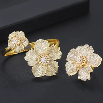 

missvikki Bridal Wedding Engagement Accessories Luxury Flowers Fashion Adjustable Openning Bangle Ring Jewelry Set for Women