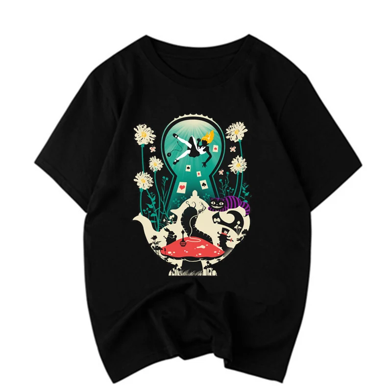 

Alice Adventures with Absinthe T-Shirt women black cltton Vogue short sleeve couple clothes Cheshire cat animal print top femme