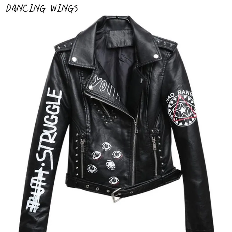 

Spring Women Soft Faux Leather Jackets Streetwear Epaulet 3D print Short Motorcycle Bomber Jacket Coats