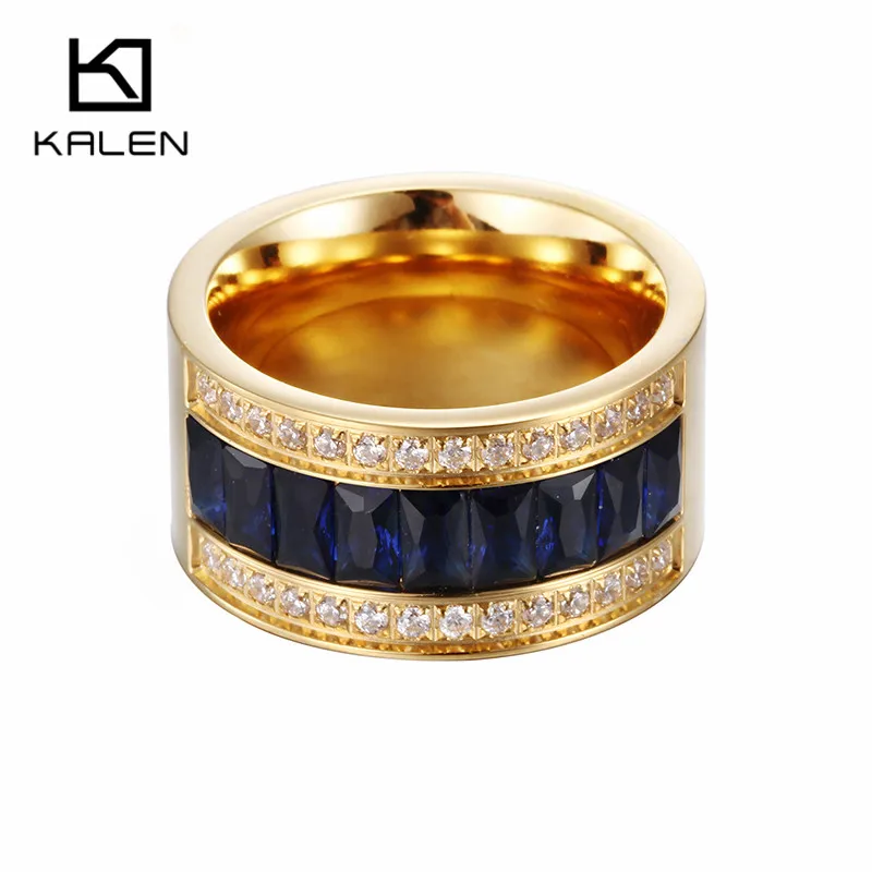 

Kalen New Arrival Gold Anillo Wedding Engagement Blue/White/Black Zircon Rings for Women Men Gifts Stainless Steel Ring Jewelry