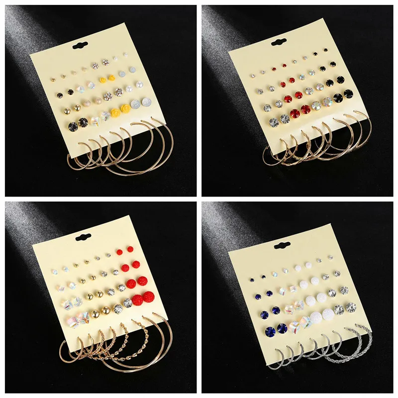 

Fashion 20Pair/Sets Geometric Gold Stud Earrings Set For Women Colorful Crystal Circle Earring Handmade Female Earrings Jewelry