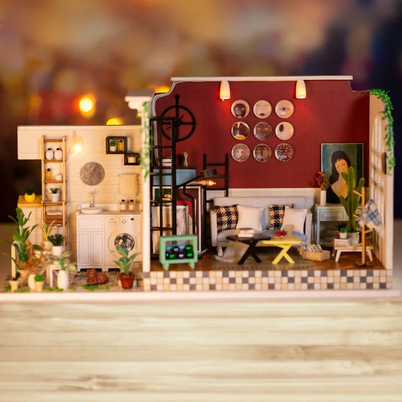 

Miniature Living Room Bathroom Dollhouse Assembled Wooden Puzzle Model Furniture Kit Dolls House Led Home Decor Christmas Gift