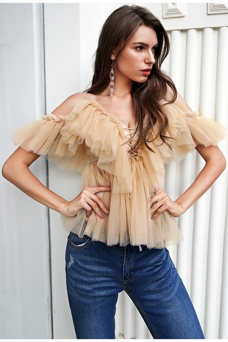 Simplee V neck strap boho mesh blouse shirt women Ruffle short sleeve elegant peplum tops Summer lace up ladies sexy blusas 2019