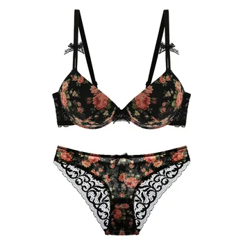 

European retro floral lace brassiere and transparent panties thin thick women sexy underwear set push-up ladies bra and brief