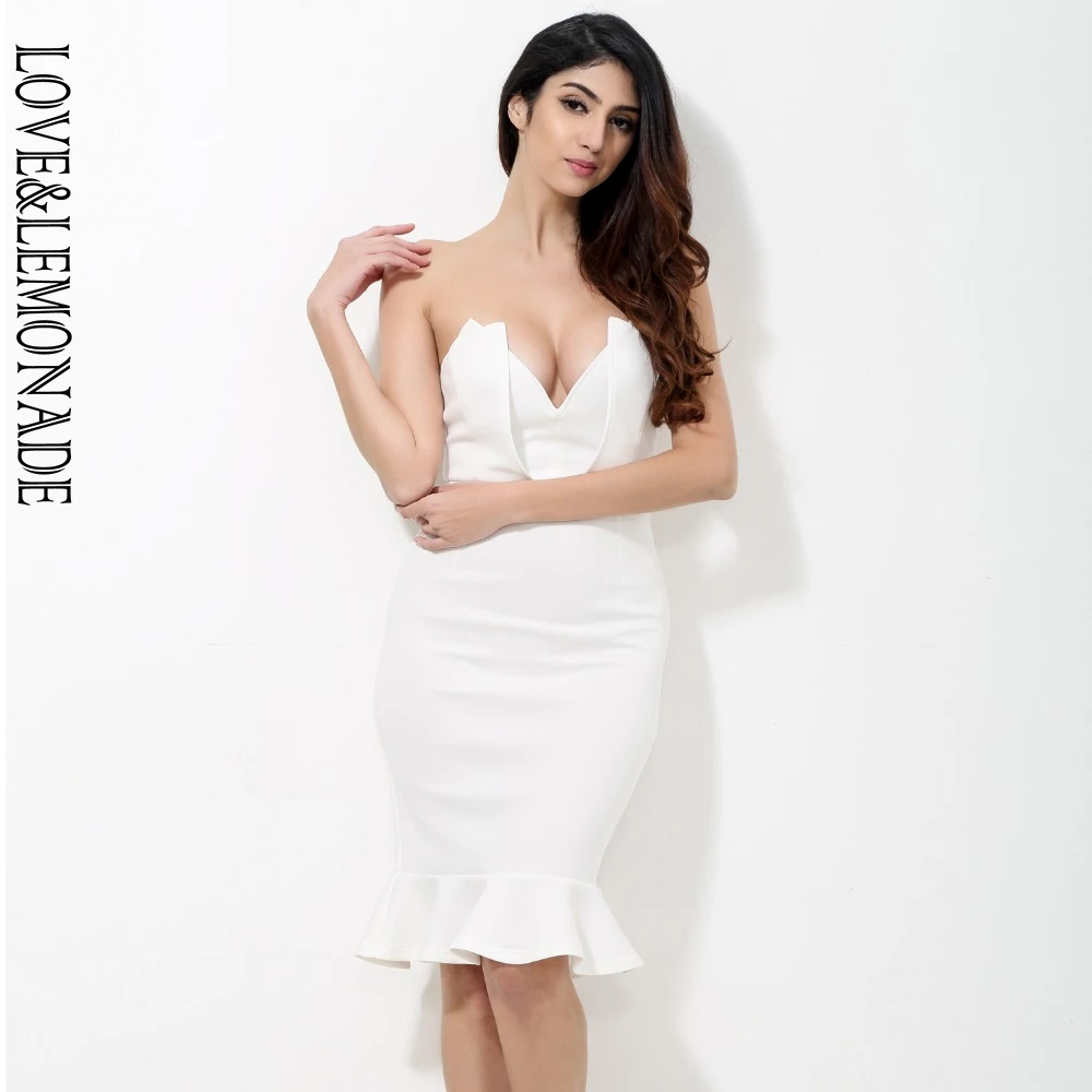 

Love&Lemonade White Chest Wrapped V-Neck Knee-Length Party Dress TB 9098