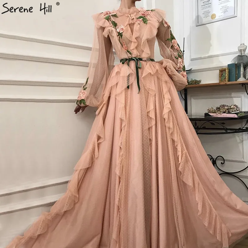 

Sexy See Through Lantern Sleeve Peach Flowers Evening Dresses Ruffles A-line Puffy Evening Gowns Design Serene Hill BLA60788