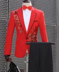 2019 Новое поступление тонкий красный хост мужской костюм жениха набор с брюками певица сценический мужской свадебный костюм Человек