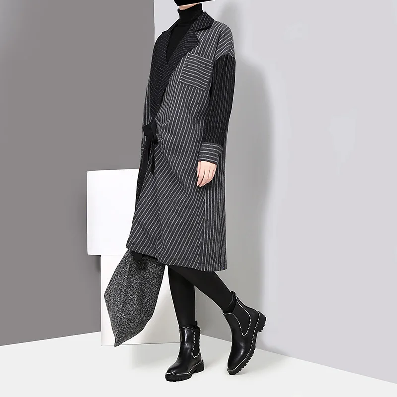 [EAM] 2019 New Spring Winter Lapel Long Sleeve Solid Color Striped Split Joint Loose Big Size Dress Women Fashion Tide JD394