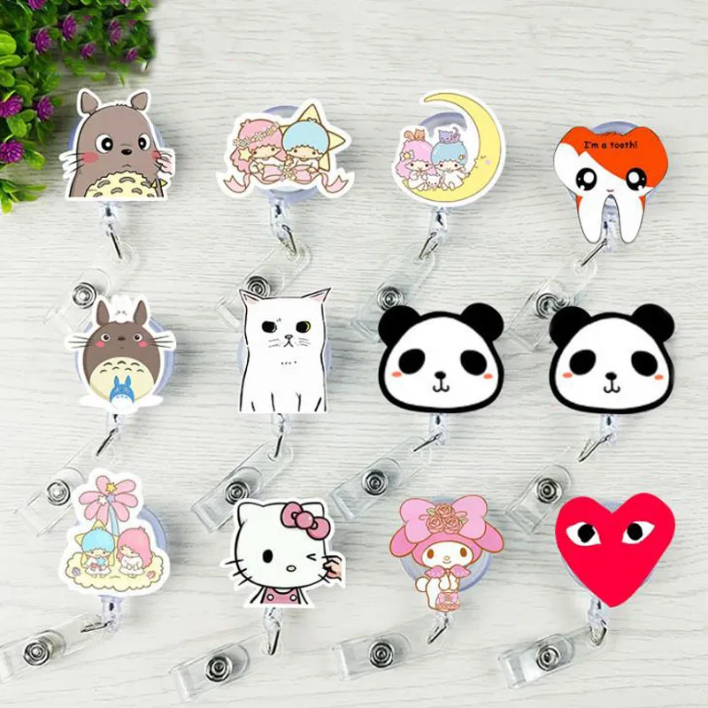 

1 Pcs Kawaii Hello Kitty Melody Twin Star Totoro Panda Retractable Badge Reel Exhibition ID Card Clips Badge Holder Stationery