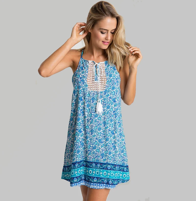 New 2016 Fashion Summer O-Neck Sleeveless Print Floral Tassel Vestidos Women Mini Sexy Backless Spaghetti Strap Dress plus size | Женская