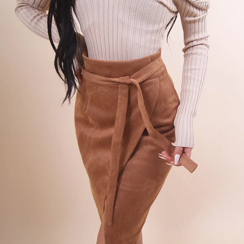 

Women Bodycon Skirts Suede Fabric Solid Irregular Hem Slim Fit Skirt with Belt for Spring TY53