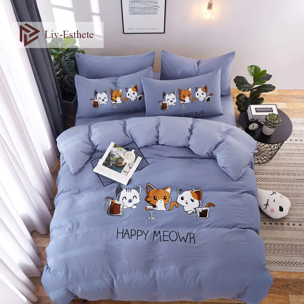 

Liv-Esthete Love Three Cat Cartoon Bedding Set Blue Duvet Cover Bedspread Flat Sheet Double Queen King Bed Linen For Adult Kids