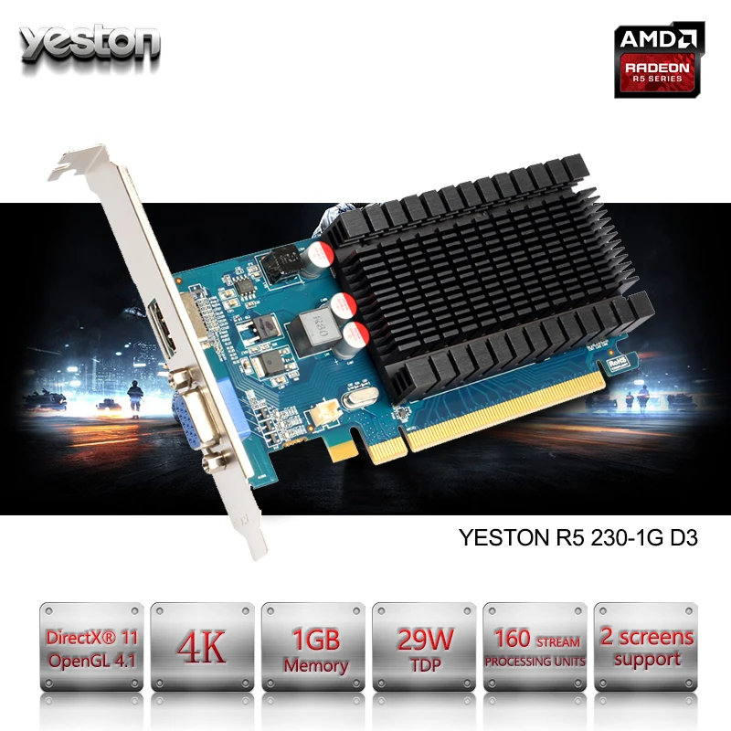 Yeston Radeon R5 230 GPU 1 ГБ GDDR3 64 бит игровой настольный компьютер ПК видеокарты Поддержка VGA/HDMI PCI-E X16 2,0