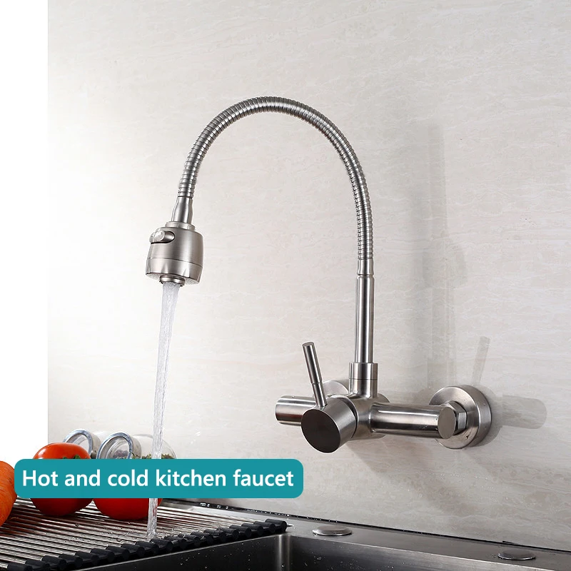 Wall Mounted Kitchen Faucet Stainless Steel 360 Degree Rotation