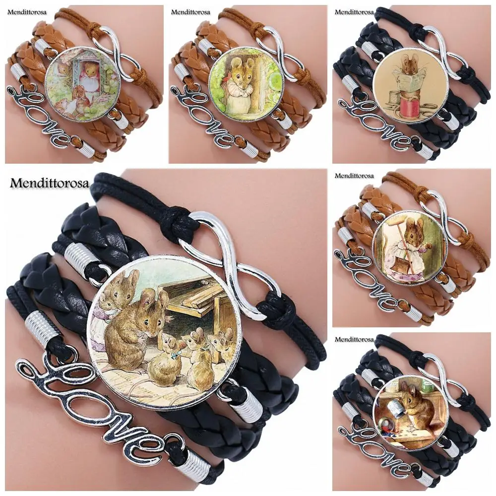 

EJ Glaze For Women Kids Fashion Glass Cabochon Multilayer Black/Brown Leather Bracelet Bangle Mouse Mom Beatrix Potter