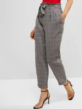 

ZAFUL 2019 Women's Pants Fashion Retor Houndstooth Button Fly Paperbag Pants High Waist Bow Pants