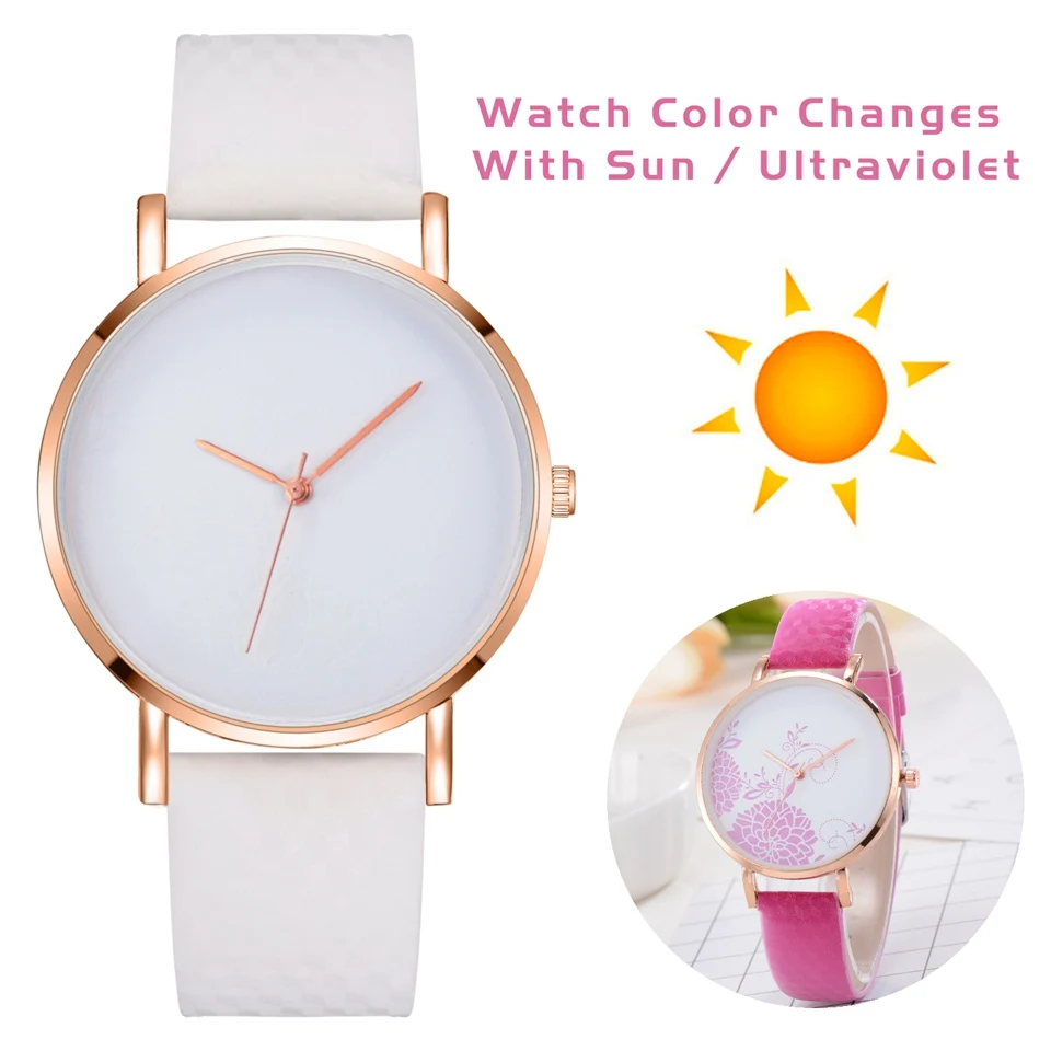 الأزياء تغيير اللون مع أشعة الشمس النساء ساعة اليد عارضة جلدية ساعات كوارتز خمر نمط الفاخرة فتاة ووتش LS292