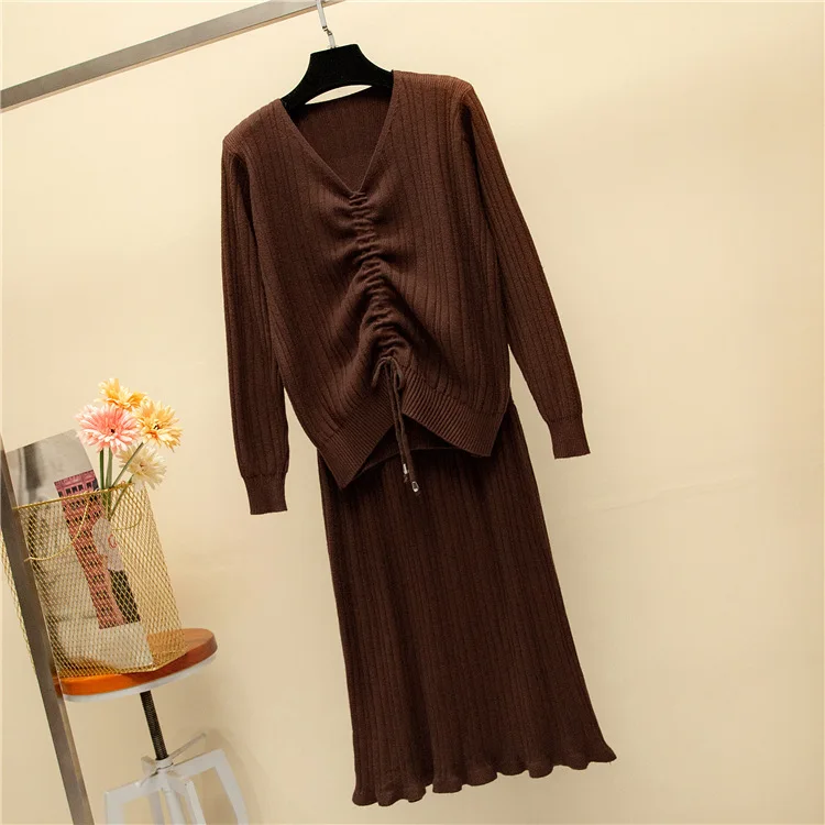 

Winter Soft Warm Knitted 2 Pieces Set V Neck Sweater Skirt Female Sweater Suits Women Two Piece Outfits