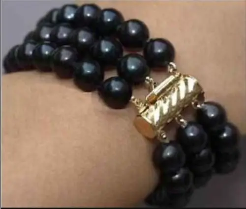 

Free shipping Miss charm Jew 339 Three rows 9-10mm south sea black pearl bracelet 7.5-8"