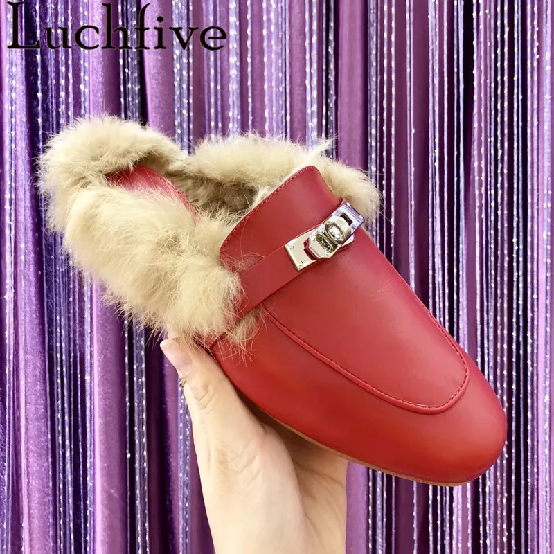 

winter rabbit fur Slippers genuine leather flat Heel candy color Shoes Women round Toe shark lock decor warm lazy outdoor mules